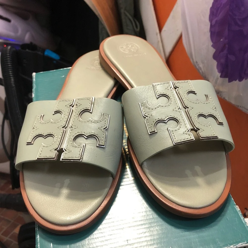 Tory Burch Mint Green Miller Leather Slide Sandals - Picture 5 of 5